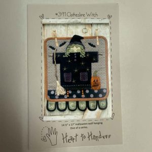 Pattern cover for Heart to Hand's Clothesline Witch #399 wool applique wall hanging featuring whimsical witch dress on clothesline with embroidered stars, jack-o-lantern, broom, bats, and WICKED banner, sized 14½x17 inches