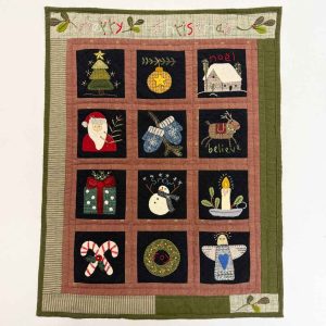 Merry Christmas wool applique sampler featuring twelve festive blocks with Santa, snowman, angel, reindeer, and holiday motifs on black backgrounds with dusty rose sashing and olive green border