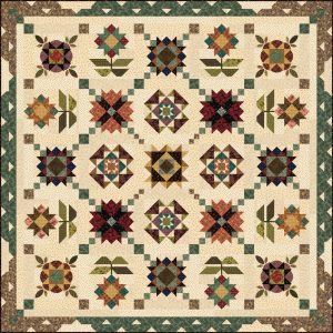 Scatter Garden Quilt pattern by Kim Diehl's Simple Whatnots Club featuring a symmetrical arrangement of 20 patchwork blocks with floral and star motifs in traditional earth tones, deep reds, teals, and golds on cream background with coordinating green border, showcasing medallion-style flower blocks and geometric star patterns in vintage-inspired fabrics